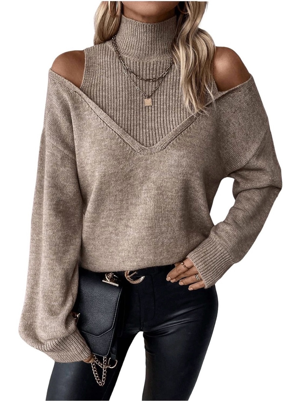 Cold-Shoulder Taupe Turtleneck Sweater